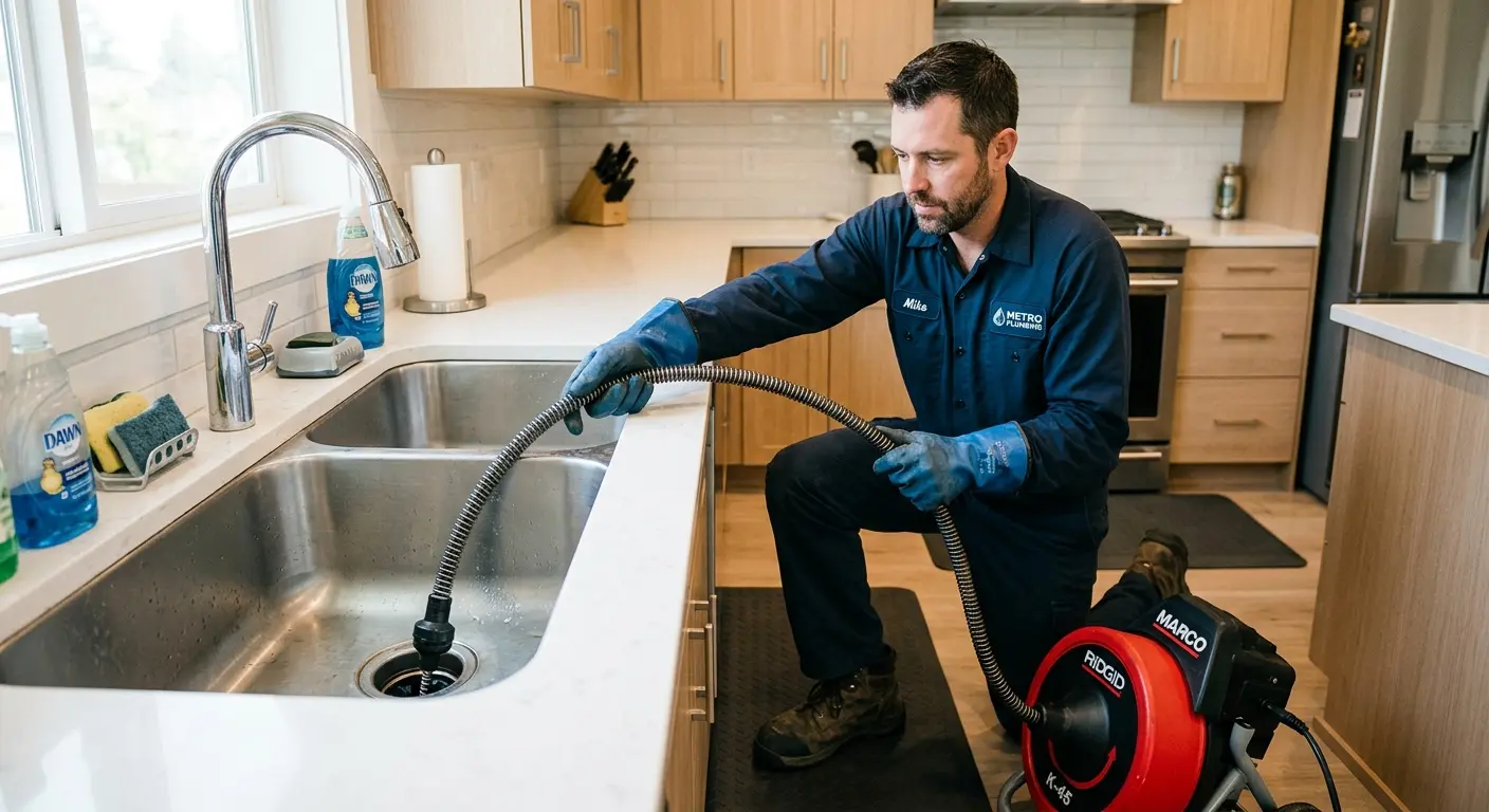 Drain cleaning technician using a motorized snake on a kitchen sink in Peninsula