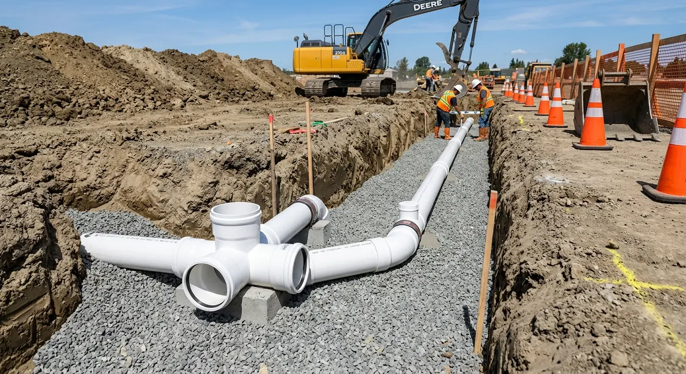 New PVC sewer pipe installation in open trench for Commercial Drain Cleaning in Peninsula
