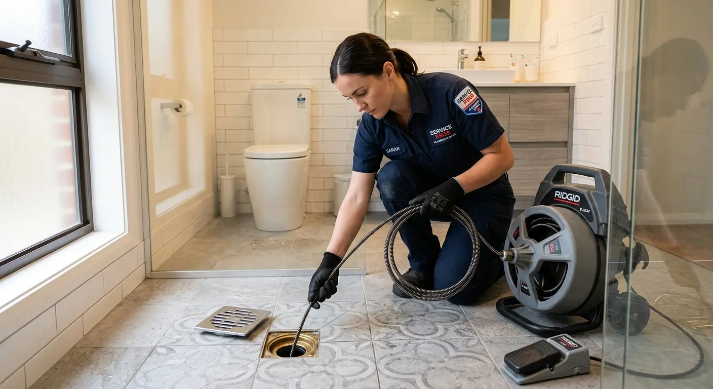 Technician clearing a bathroom floor drain for Sewer Line Replacement in Peninsula